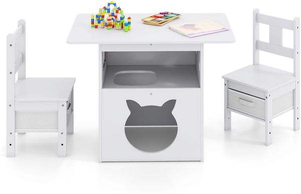 2 in 1 Kindersitzgruppe mit Katzenhaus 3 tlg. Kindertisch mit 2 Stühlen inkl. Stoffboxen Weiß