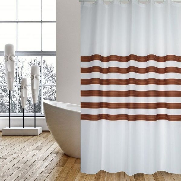 MSV Duschvorhang Cotexsa RAYAS Breite 180 cm, Textil-Duschvorhang, Made in Spain, 100% Polyester, wasserundurchlässig, Anti-Schimmel-Effekt, Anti-Bakteriell beschichtet, waschbar 30°, 180x200 cm, Farbe weiß / braun