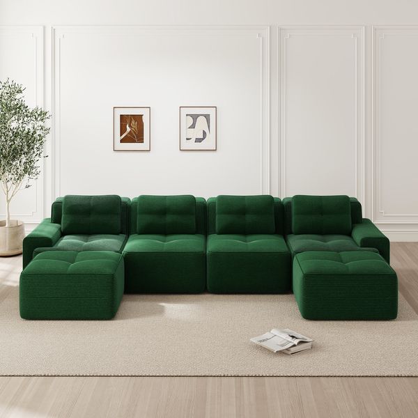 Sofa in Grün mit 74 cm Tiefsitz, Cordbezug, rutschfester Basis und modularer Form,69x382x177 cm