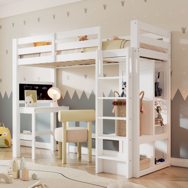 Hochbett 90×200 cm aus Holz mit Schreibtisch und Kleiderschrank, weiß