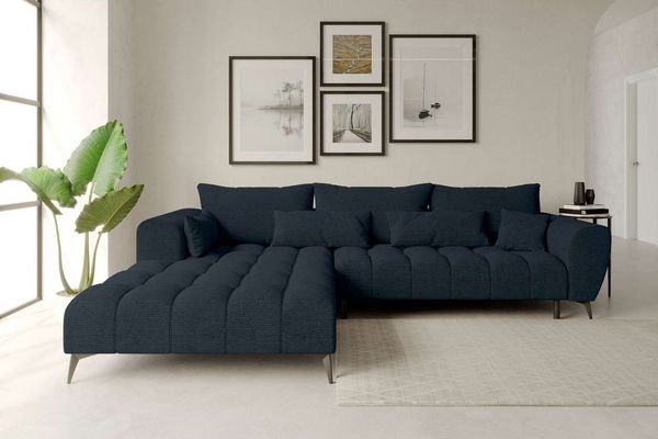 99rooms Ferrano Ecksofa Chenille EDEN Dunkelblau Links mit Sitztiefenverstellung