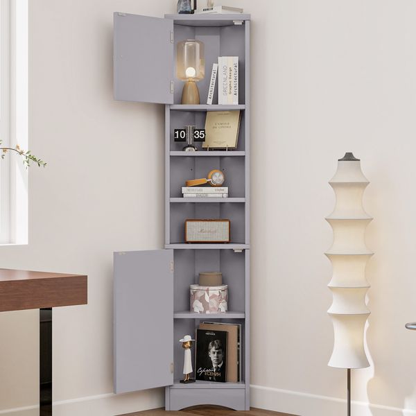 Flieks Eckschrank 37 x 24.5 x 170 cm, schmaler Badezimmerschrank, 2 Türen, 3 offene Fächer, verstellbare Böden, Eckhochschrank Bad grau