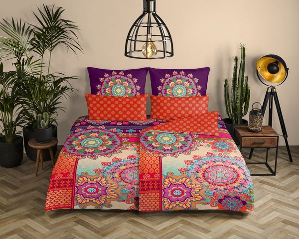 hip Wendebettwäsche Sherhia, Satin, 2 teilig, Satin, Reißverschluss, Wendeoptik, Mandala, Orange, Lila