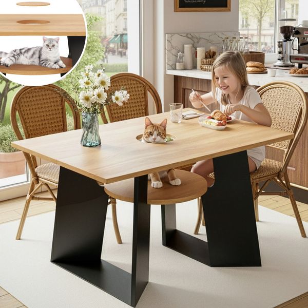 Haustierfreundlicher Esszimmer-Küchentisch mit Haustierbereich & Ablagebrettchen, rechteckig für 6 Personen (130×85×75 cm), Naturholz-Schwarz Mix