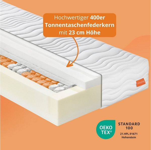 sleepling 194565 Federkern Matratze Innovation 320 Taschenfederkern | 7-Zonen Tonnentaschenfederkernmatratze | Made in EU | Ökotex 100 | Härtegrad 2 100 x 200 x 25 cm, weiß