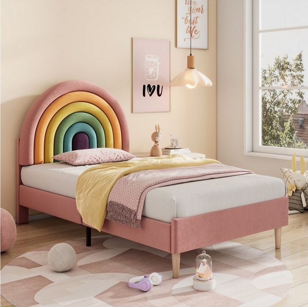Flieks Polsterbett, Kinderbett mit verstellbarem Regenbogen-Kopfteil 90x200cm Samt
