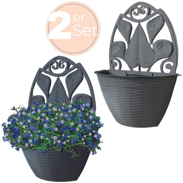 GarPet Blumentopf 2x Blumentopf Wand Blumen Topf Pflanzen Halterung 32 Anthrazit Rattan
