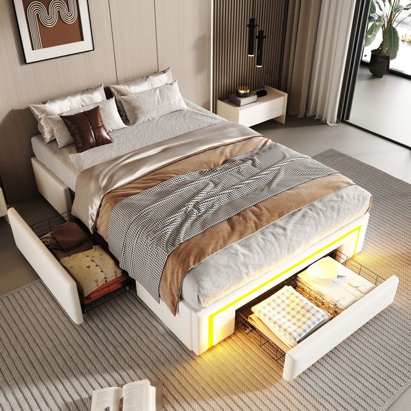 Bettgestell 90x200 cm mit Schubladen und LED-Lichtleiste – Polsterbett in Weiß aus PU-Leder