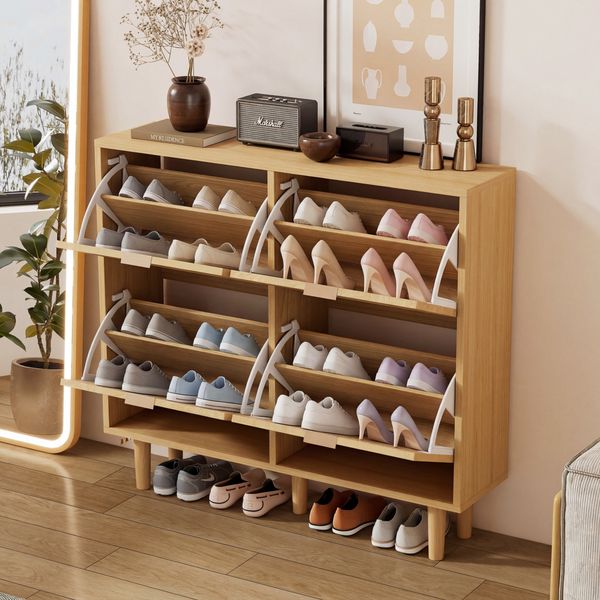 Schuhschrank mit 4 Klappschubladen, Schuhkommode aus Rattan mit Metallgriffen, Schuhregal für Flur, Schlafzimmer, Wohnung,Holzmöbel, Landhausstil, Maße: 100 x 25 x 90 cm