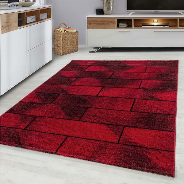Villa Möbel Frisé-Teppich Betivo, Rechteckig, Höhe: 10 mm, Modern Kurzflor Teppiche Geometrisch Design Rot Teppich Wohnzimmer