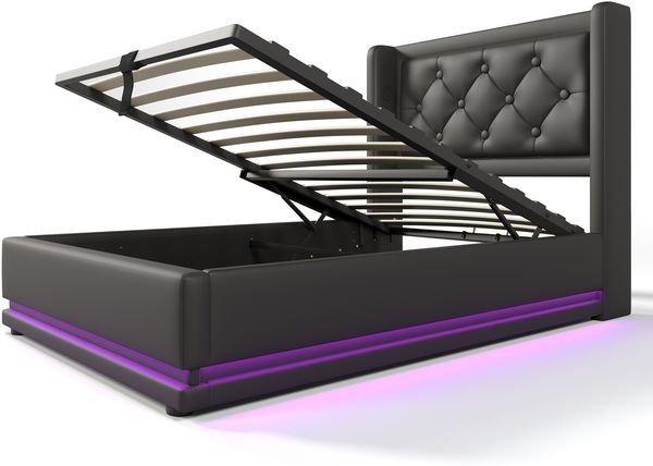 Polsterbett 90x200 cm, Schwarz PU, hydraulischer Bettkasten, 3‑seitige LED & USB‑C，Es gibt eine Matratze. Bild 7