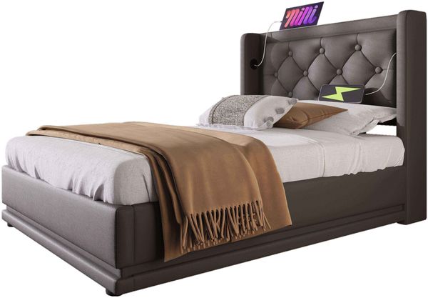 Polsterbett 90x200 cm, Schwarz PU, hydraulischer Bettkasten, 3‑seitige LED & USB‑C，Es gibt eine Matratze. Bild 5
