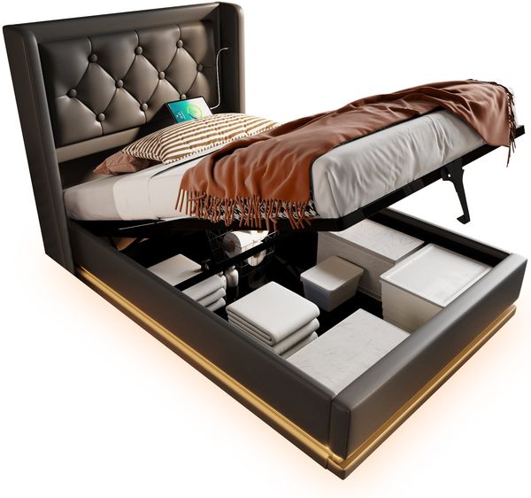 Polsterbett 90x200 cm, Schwarz PU, hydraulischer Bettkasten, 3‑seitige LED & USB‑C，Es gibt eine Matratze. Bild 4
