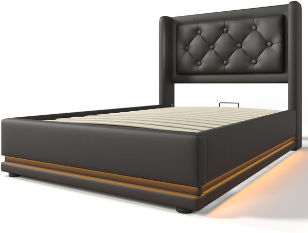 Polsterbett 90x200 cm, Schwarz PU, hydraulischer Bettkasten, 3‑seitige LED & USB‑C，Es gibt eine Matratze. Bild 10