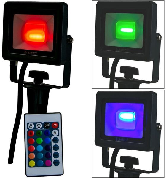 UNITEC LED Gartenstrahler LED Strahler mit Erdspieß farbig Gartenlampe, LED fest eingebaut, Farbwechsler, Außenleuchte Outdoor IP65 Fernbedienung Gartenstrahler bunt Spot Außen