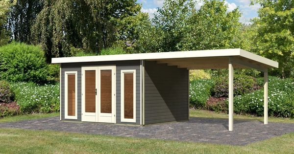 Gartenhaus Radeburg 2 - 369x309 cm plus Anbaudach 3,30m, 40 mm Holz terragrau, Karibu