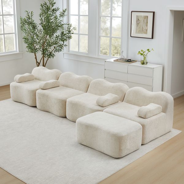 4-Sitzer modulare Wohnlandschaft H 70 x T 384 x B 167 cm aus Samt in Beige, L-Form mit Ottomanen, erweiterbar