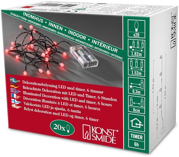 Konstsmide LED Globelichterkette, runde Dioden, 6h Timer, 20 rote Dioden, batteriebetrieben, Innen, schwarzes Kabel, 3 x AA 1.5V (exkl.) - 1491-557, Rot
