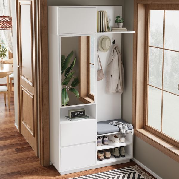 Flurgarderobe Kompakt mit Spiegel, Sitzbank & Schuhregal, Weiß, 90x34,5x190 cm