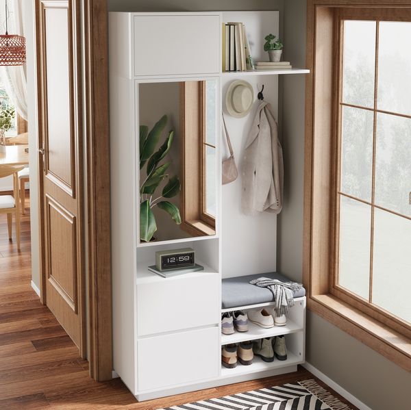 Flurgarderobe Kompakt mit Spiegel, Sitzbank & Schuhregal, Weiß, 90x34,5x190 cm