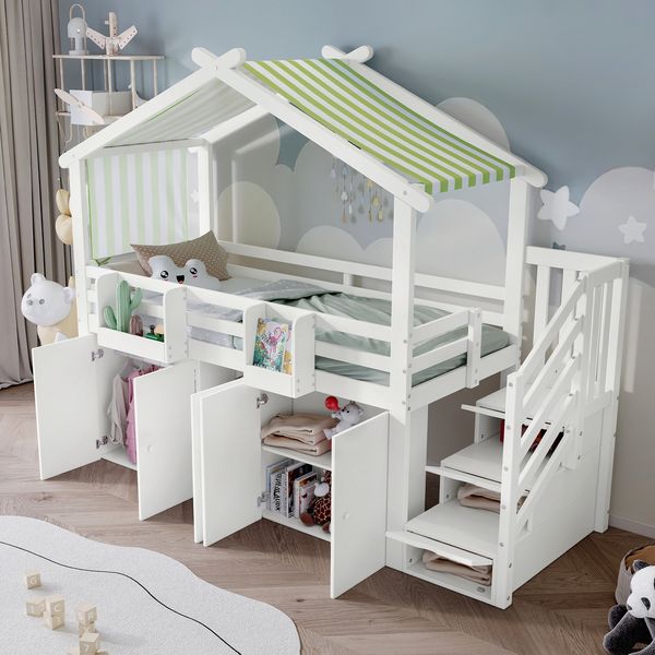 Etagenbett Kinderbett 90x200 mit Treppe, Kleiderschrank, Aufbewahrung, Dachdesign,Weiß+Grün