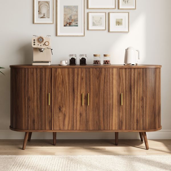 Merax Sideboard mit Schiebetüren an den Seiten, gebogenes Design mit vertikaler Rillenverkleidung, Griffleisten aus Metall, Aufbewahrungsschrank, Nussbaum