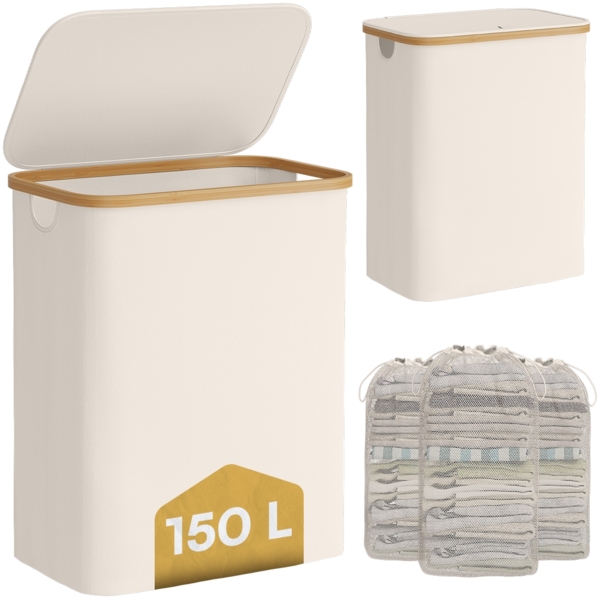Bellamio 'Tolt' Wäschesammler aus Stoff mit Bambus, mit Deckel, 150L, drei Fächer, mit herausnehmbaren und waschbarem Wäschesack, zusammenklappbar, beige