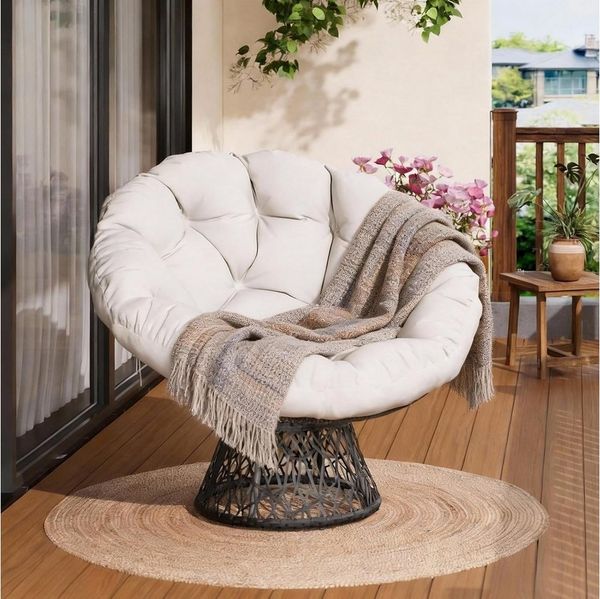 GarveeMore Relaxsessel gemütlicher Drehsessel Papasansessel Rattansessel Loungesessel, runder Relax Korbsessel Rattan Kissen Wohnzimmer,Leseecke,Lounge