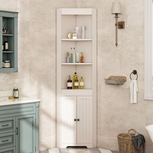 Flieks Badkommode Eckschrank mit 2 Türen und 3 Fächern (B49,5/T35/H170 cm, 1 St, mit verstellbaren Einlegeböden), Dreieckiger Badezimmerschrank Hochschrank Holz, Weiß
