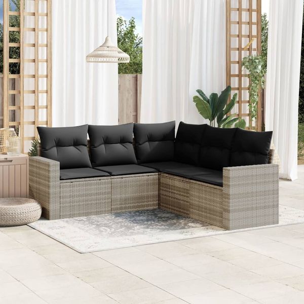 vidaXL 5-tlg. Garten-Sofagarnitur mit Kissen Hellgrau Poly Rattan 3251289