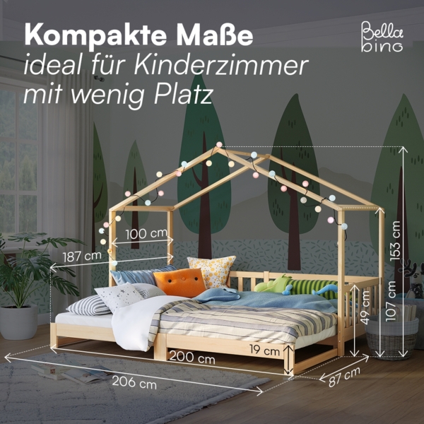 Bellabino 'Bia' Hausbett 90x200 cm/180x200 cm, natur, Kiefer Massivholz, Bodenbett in Hausoptik, ausziehbares Kinderbett mit Lattenrost Bild 8