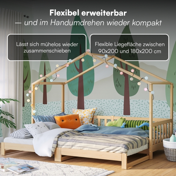 Bellabino 'Bia' Hausbett 90x200 cm/180x200 cm, natur, Kiefer Massivholz, Bodenbett in Hausoptik, ausziehbares Kinderbett mit Lattenrost Bild 4