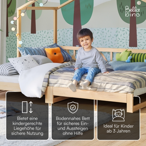 Bellabino 'Bia' Hausbett 90x200 cm/180x200 cm, natur, Kiefer Massivholz, Bodenbett in Hausoptik, ausziehbares Kinderbett mit Lattenrost Bild 3