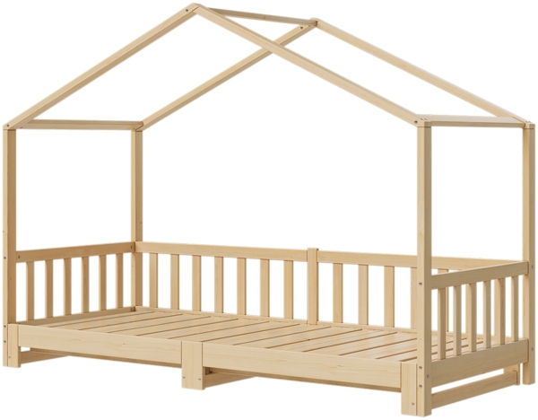 Bellabino 'Bia' Hausbett 90x200 cm/180x200 cm, natur, Kiefer Massivholz, Bodenbett in Hausoptik, ausziehbares Kinderbett mit Lattenrost Bild 12