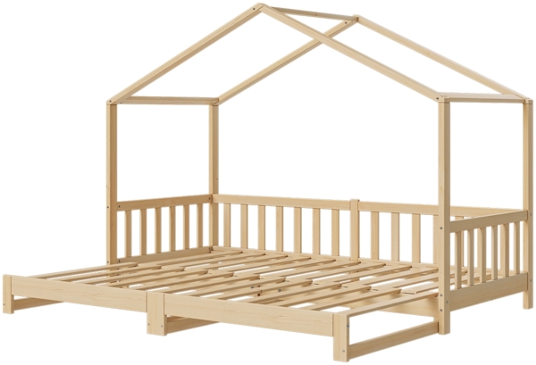 Bellabino 'Bia' Hausbett 90x200 cm/180x200 cm, natur, Kiefer Massivholz, Bodenbett in Hausoptik, ausziehbares Kinderbett mit Lattenrost Bild 2