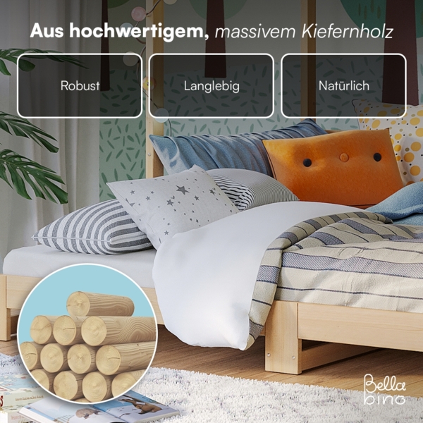 Bellabino 'Bia' Hausbett 90x200 cm/180x200 cm, natur, Kiefer Massivholz, Bodenbett in Hausoptik, ausziehbares Kinderbett mit Lattenrost Bild 6