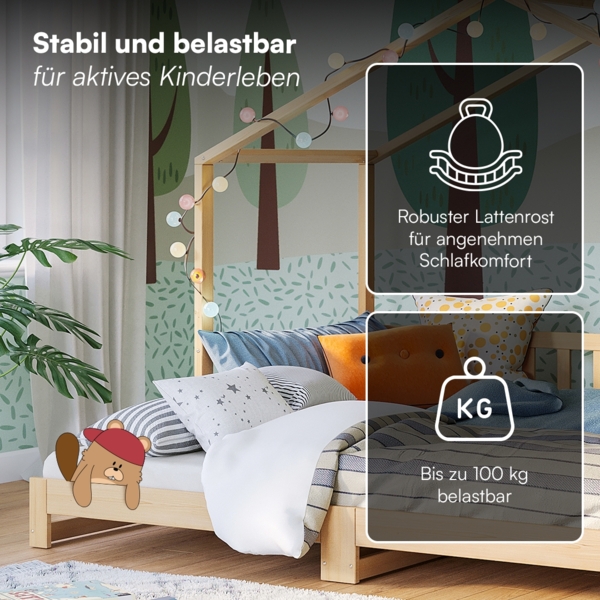 Bellabino 'Bia' Hausbett 90x200 cm/180x200 cm, natur, Kiefer Massivholz, Bodenbett in Hausoptik, ausziehbares Kinderbett mit Lattenrost Bild 5