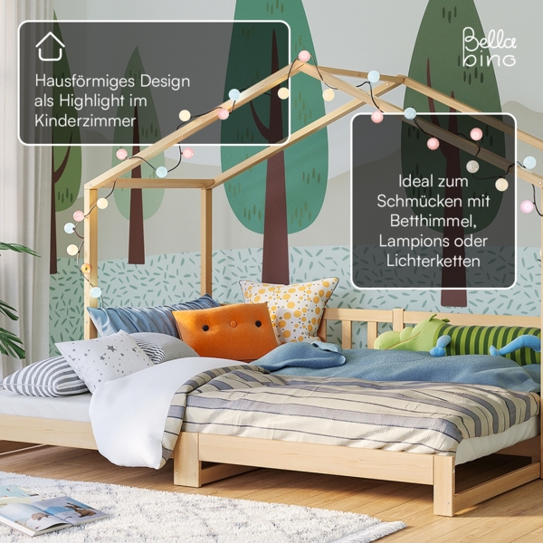 Bellabino 'Bia' Hausbett 90x200 cm/180x200 cm, natur, Kiefer Massivholz, Bodenbett in Hausoptik, ausziehbares Kinderbett mit Lattenrost Bild 7