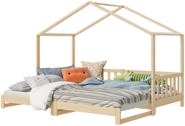 Bellabino 'Bia' Hausbett 90x200 cm/180x200 cm, natur, Kiefer Massivholz, Bodenbett in Hausoptik, ausziehbares Kinderbett mit Lattenrost Bild 11