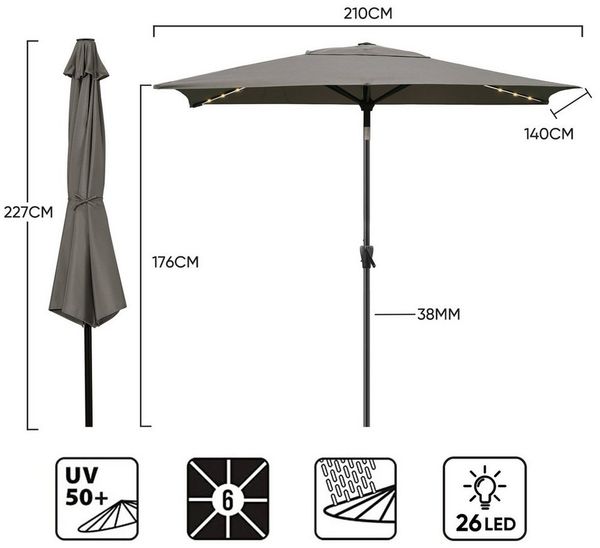 Sekey Sonnenschirm mit LED-Beleuchtung, Kurbel & UV50+, knickbar, Aluminium cappuccino, 210 x 140 cm Bild 3