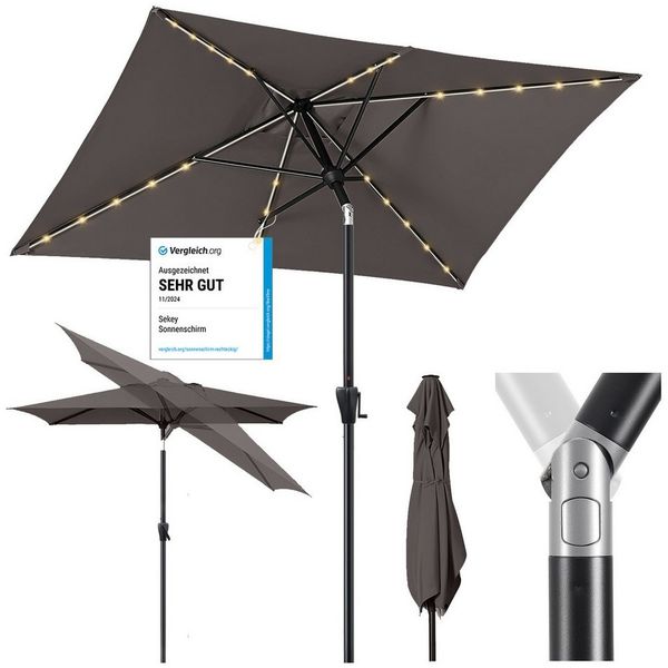 Sekey Sonnenschirm mit LED-Beleuchtung, Kurbel & UV50+, knickbar, Aluminium cappuccino, 210 x 140 cm