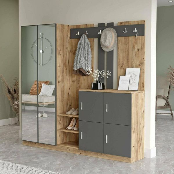 Dmora - Eingangsmöbel Media, Moderner Eingang, Wandgarderobe, Multifunktions-Aufbewahrungskonsole, 187x38h180 cm, Eiche und Anthrazit