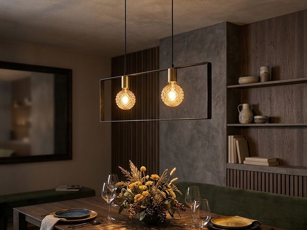 Retro Pendelleuchte SLIM 2-flammig Metall Schwarz Gold, Breite 70cm
