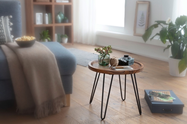 Couchtisch Sheesham Massivholz 45 x 40 x 45 cm Wohnzimmertisch Rund, Sofatisch mit Haarnadelbeine, Kaffeetisch aus Holz und Metall Bild 3