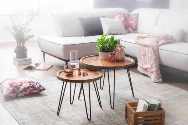 Couchtisch Sheesham Massivholz 45 x 40 x 45 cm Wohnzimmertisch Rund, Sofatisch mit Haarnadelbeine, Kaffeetisch aus Holz und Metall Bild 7