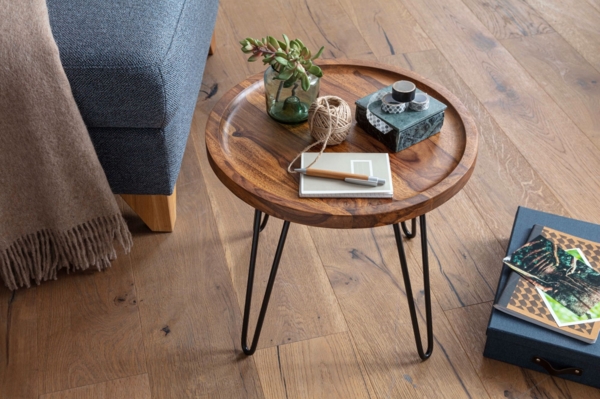 Couchtisch Sheesham Massivholz 45 x 40 x 45 cm Wohnzimmertisch Rund, Sofatisch mit Haarnadelbeine, Kaffeetisch aus Holz und Metall Bild 5