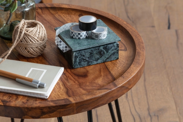 Couchtisch Sheesham Massivholz 45 x 40 x 45 cm Wohnzimmertisch Rund, Sofatisch mit Haarnadelbeine, Kaffeetisch aus Holz und Metall Bild 6