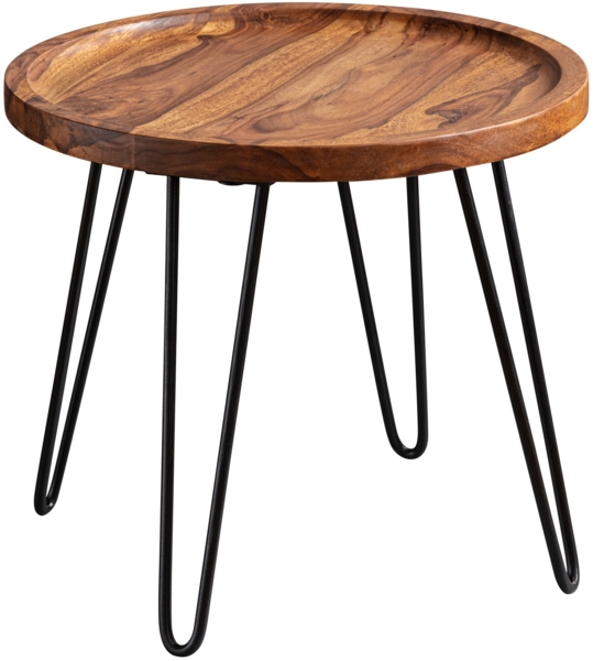 Couchtisch Sheesham Massivholz 45 x 40 x 45 cm Wohnzimmertisch Rund, Sofatisch mit Haarnadelbeine, Kaffeetisch aus Holz und Metall Bild 1