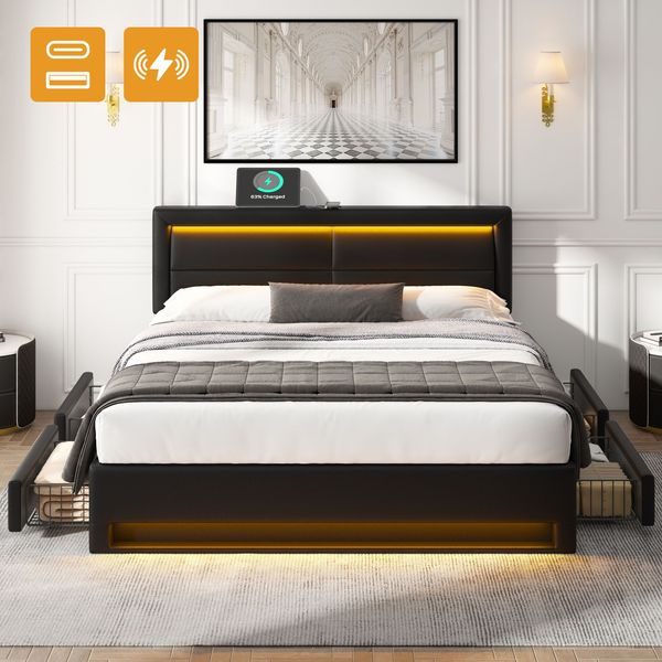 Novelux Polsterbett 140x200 mit USB-Anschluss, LED-Beleuchtung & 4 Schubladen – PU in Schwarz, ohne Matratze, für Matratzenhöhe 20-30 cm