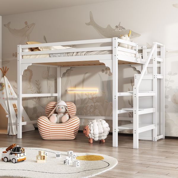 140*200cm Hochbett mit Lattenrost, mit Stufentreppe, mit Kleiderschrank, Jugendbett, Stauraum. Weiß